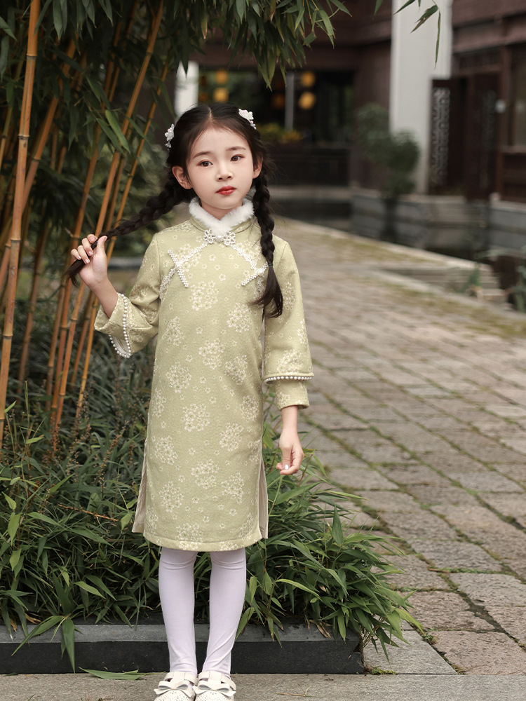 女童公主裙冬款洋气加绒儿童礼服中国风唐装气质旗袍演出表演服