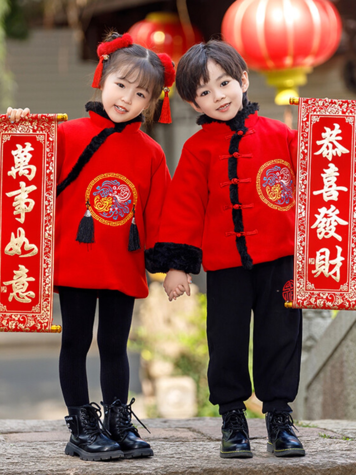 儿童唐装男冬款中国风套装女童喜庆旗袍拜年服幼儿园元旦演出服装