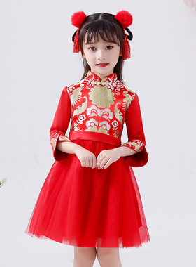儿童唐装秋冬款女童旗袍演出服中国风生日公主裙小女孩新年拜年服