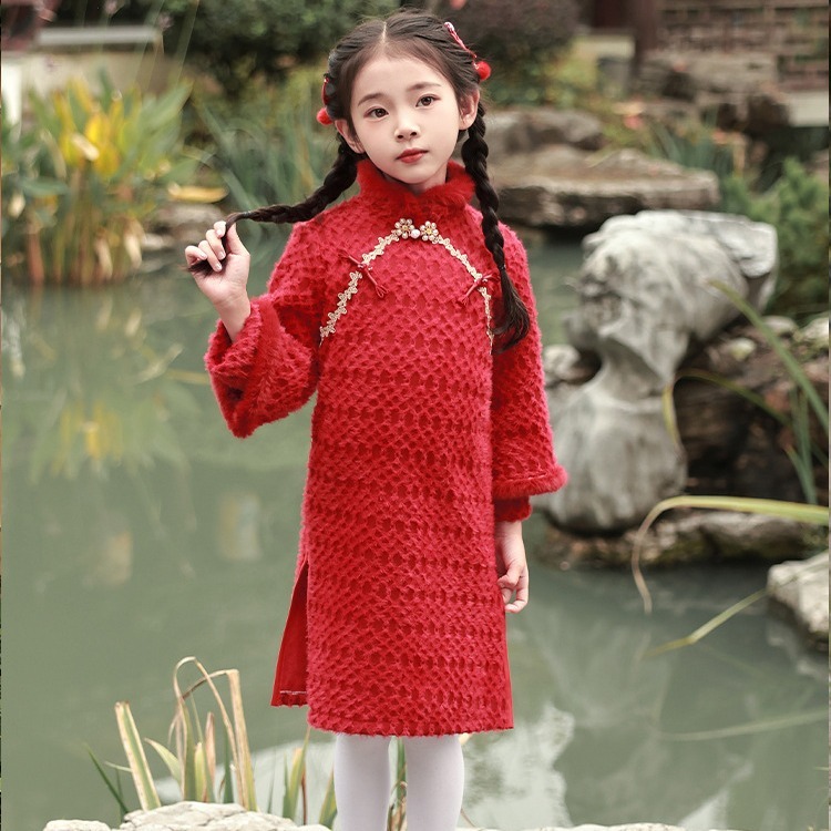 新款加厚女童秋冬款唐装红色拜年服儿童新年服中国风女孩喜庆旗袍