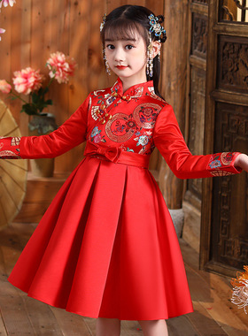 汉服女童公主裙红色拜年服冬款加绒儿童礼服中国风唐装旗袍连衣裙