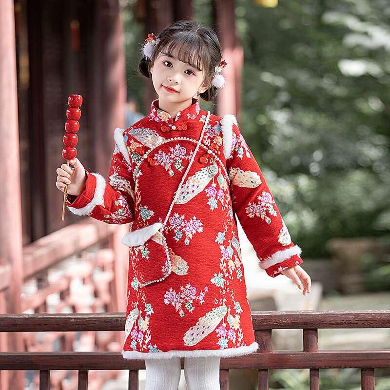 汉服女童旗袍冬款儿童加厚拜年服女孩新年唐装宝宝加绒古装中国风