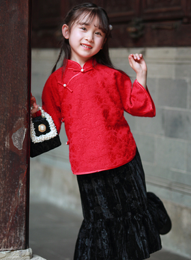 儿童汉服长袖套装女童唐装秋冬款中国风红色礼服宝宝旗袍裙两件套