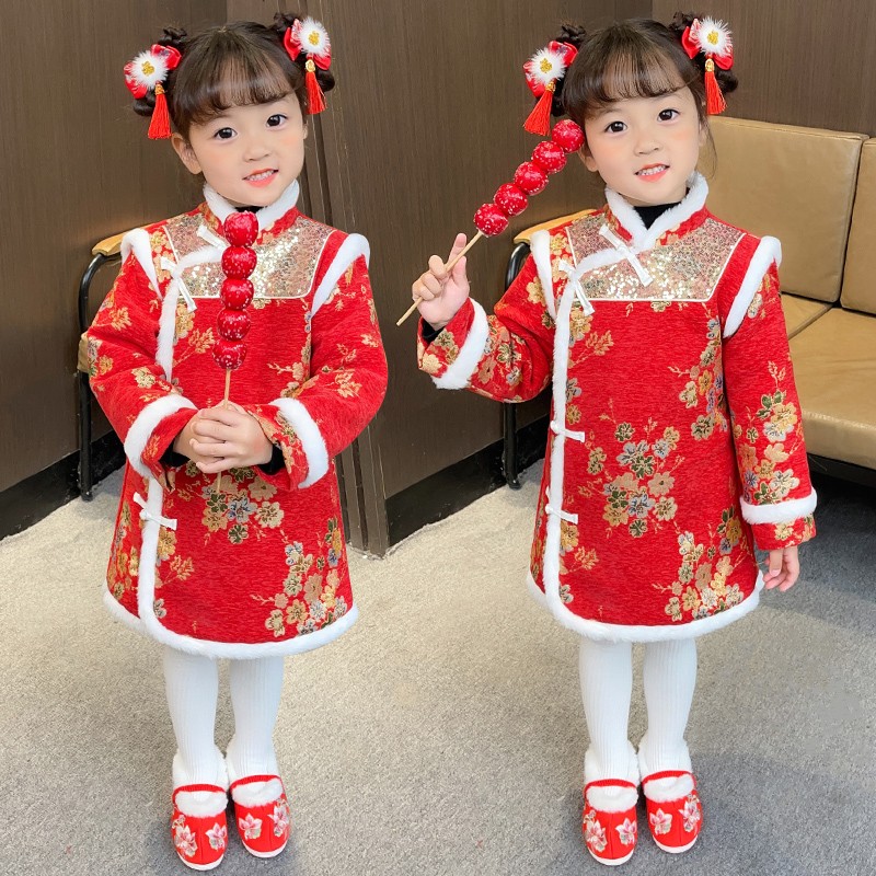 女童拜年服秋冬款季中国风加厚旗袍唐装宝宝汉服儿童冬装过年衣服