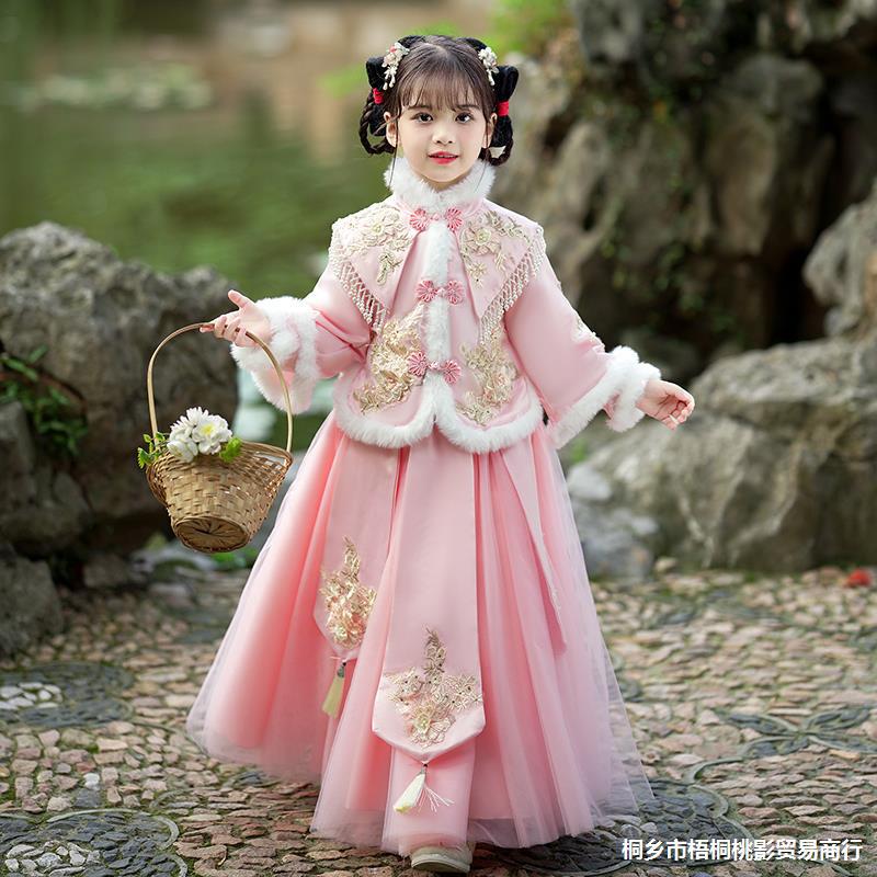 新款汉服女童冬款中国风儿童古装超仙唐装加厚旗袍女孩拜年服套装