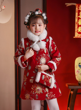 女童拜年服汉服加绒加厚冬款中国风过年服儿童旗袍唐装女宝连衣裙