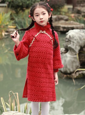 新款加厚女童秋冬款唐装红色拜年服儿童新年服中国风女孩喜庆旗袍