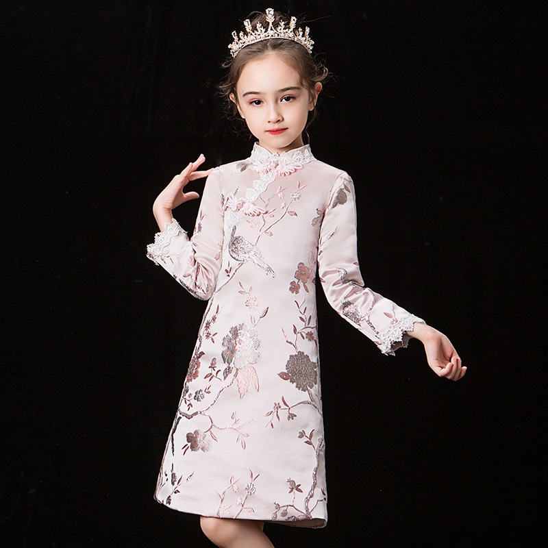 女童旗袍裙中式拜年服小女孩儿童新年装中国风长袖演出服唐装冬款
