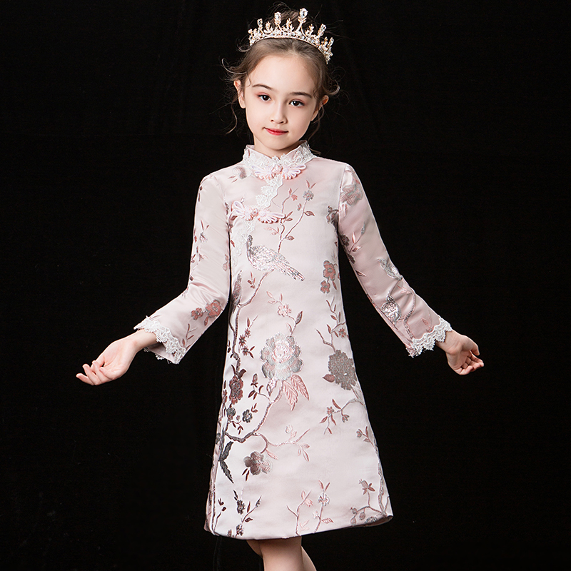 女童旗袍裙中式拜年服小女孩儿童新年装中国风长袖演出服唐装冬款