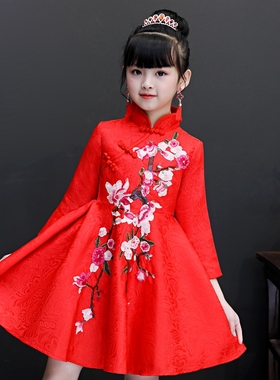 女童旗袍冬款加绒儿童唐装公主裙中国风刺绣古筝演出服新年拜年服