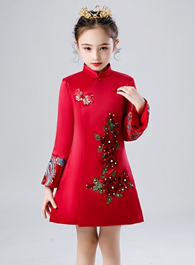 儿童旗袍公主裙唐装中国风女童拜年服冬装加厚保暖加绒红色新年服