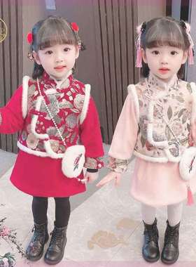 女童唐装汉服套装儿童中国风旗袍裙冬装小童女宝宝新年加厚拜年服