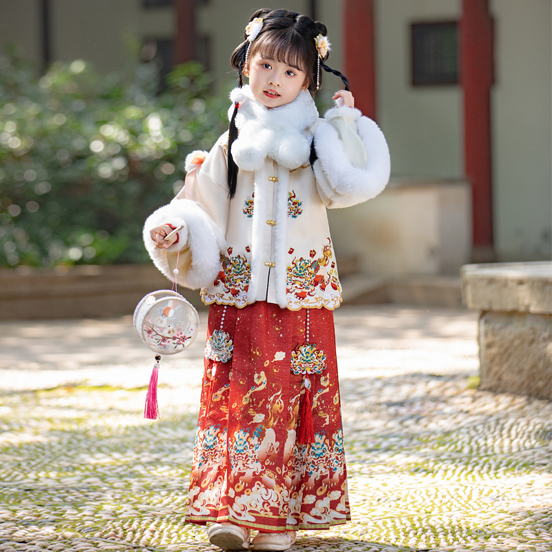 女童汉服2024新款冬季加厚加绒中国风古装儿童唐装马面裙拜年服装