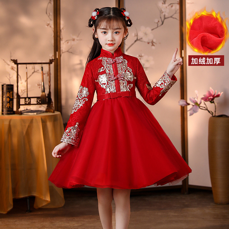 唐装中国风古装儿童红色汉服女童冬季连衣裙拜年服加绒旗袍公主裙