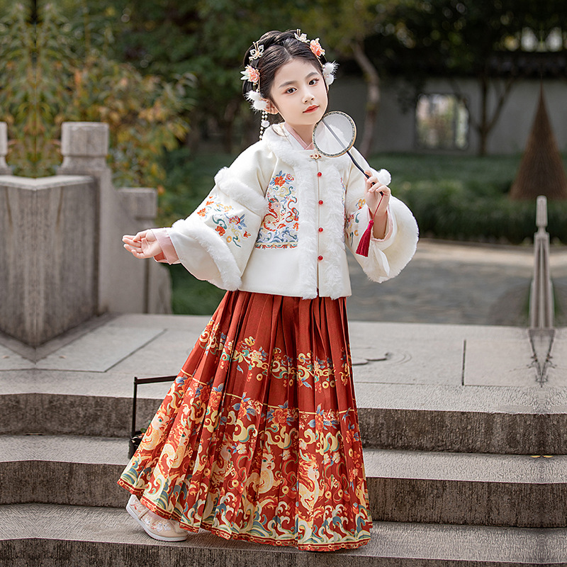 新年衣服女童中国风套装秋冬汉服唐装拜年服女孩过年加绒加厚襦裙