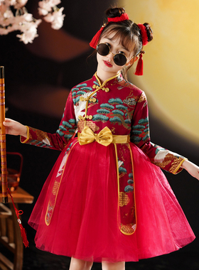 女童国潮旗袍冬季长袖中国风儿童礼服公主裙唐装演出服过年拜年服