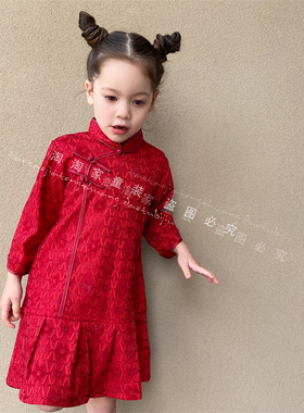 女童长袖旗袍裙子2023款秋冬儿童复古连衣裙中国风唐装红色拜年服