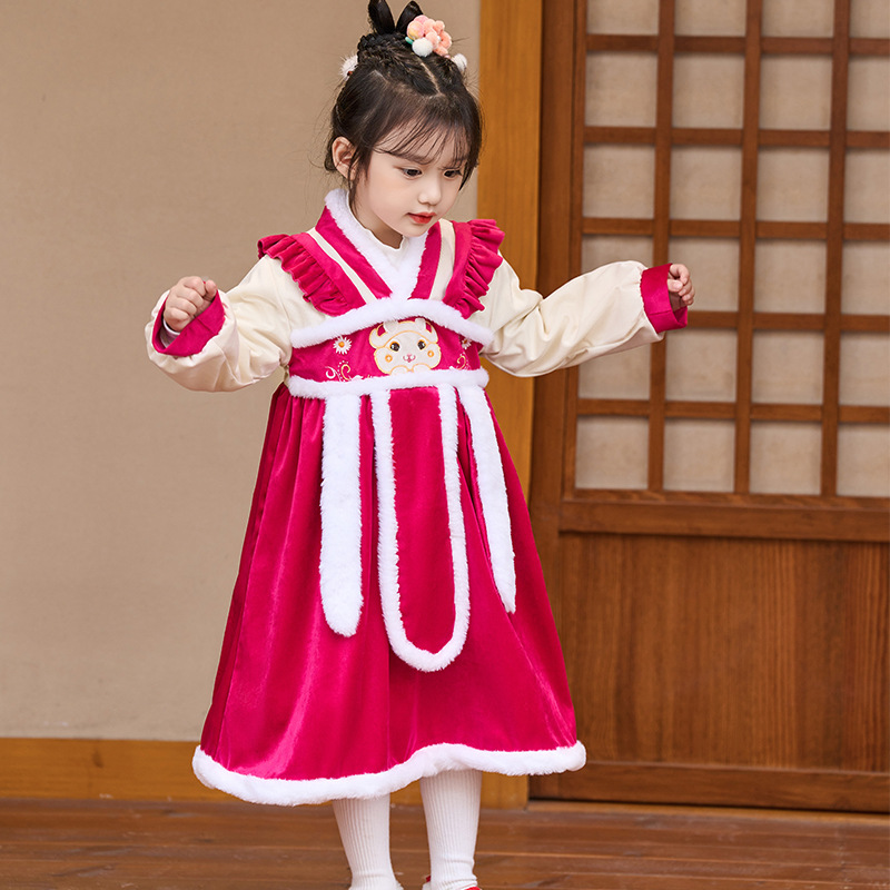 冬季中国风女童拜年儿童汉服宝宝过年童装红色新年唐装汉服连衣裙