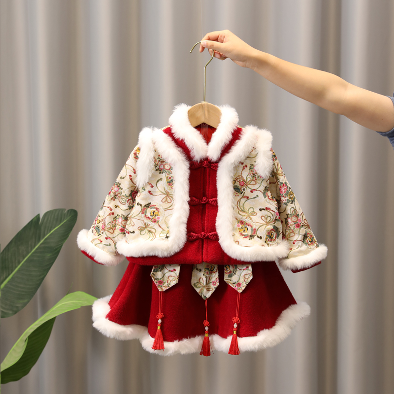 女童汉服加厚女孩旗袍套装中国风唐装宝宝连衣裙中国红冬装拜年服