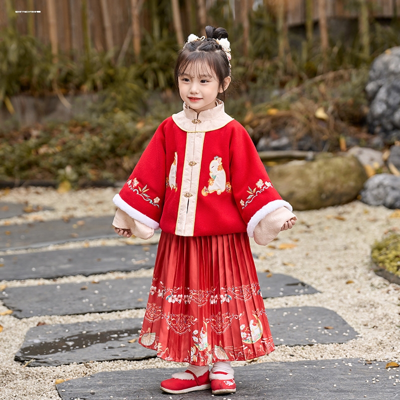 儿童汉服冬款女童唐装加绒加厚拜年服公主礼服裙中国风新年装红色