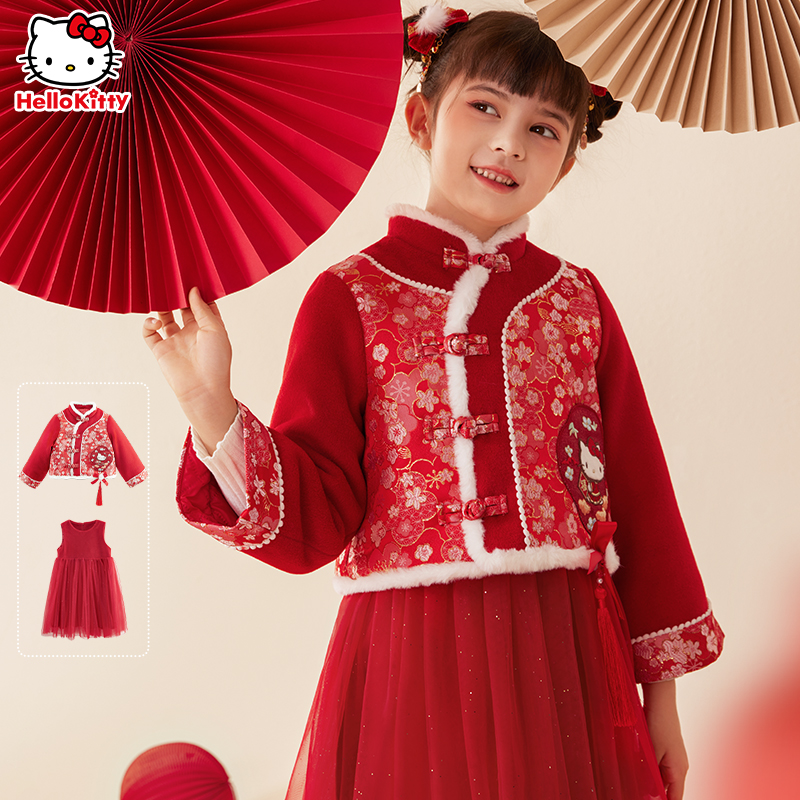 拜年服女童汉服连衣裙加厚新年唐装外套冬装新款红色中国风套装
