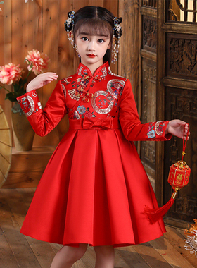 女童汉服连衣裙加绒冬装古装旗袍公主裙红色中国风儿童唐装拜年服