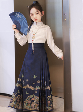 儿童马面裙女童汉服改良古风套装女孩中国风古装短袖半身裙唐装冬