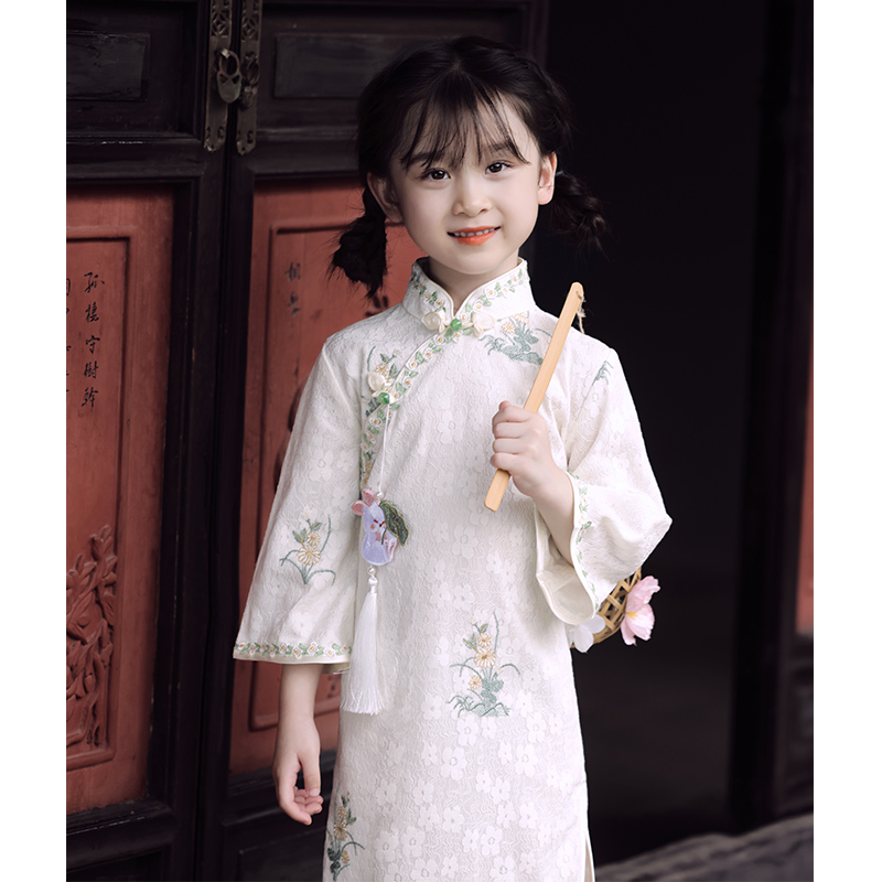 女童旗袍中国风小女孩刺绣中式蕾丝古筝演出服儿童唐装秋冬连衣裙