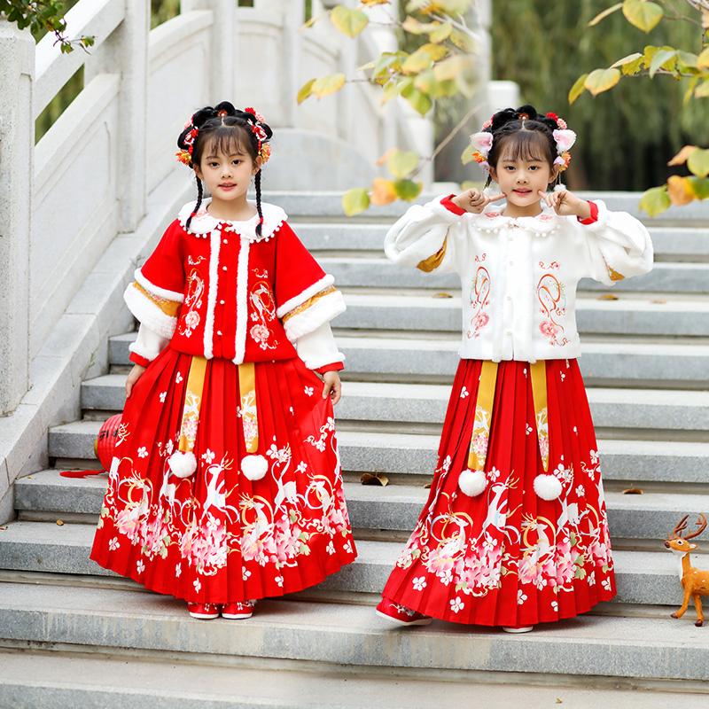 冬季汉服女童新款儿童拜年服小女孩喜庆中式唐装年服加绒裙子套装