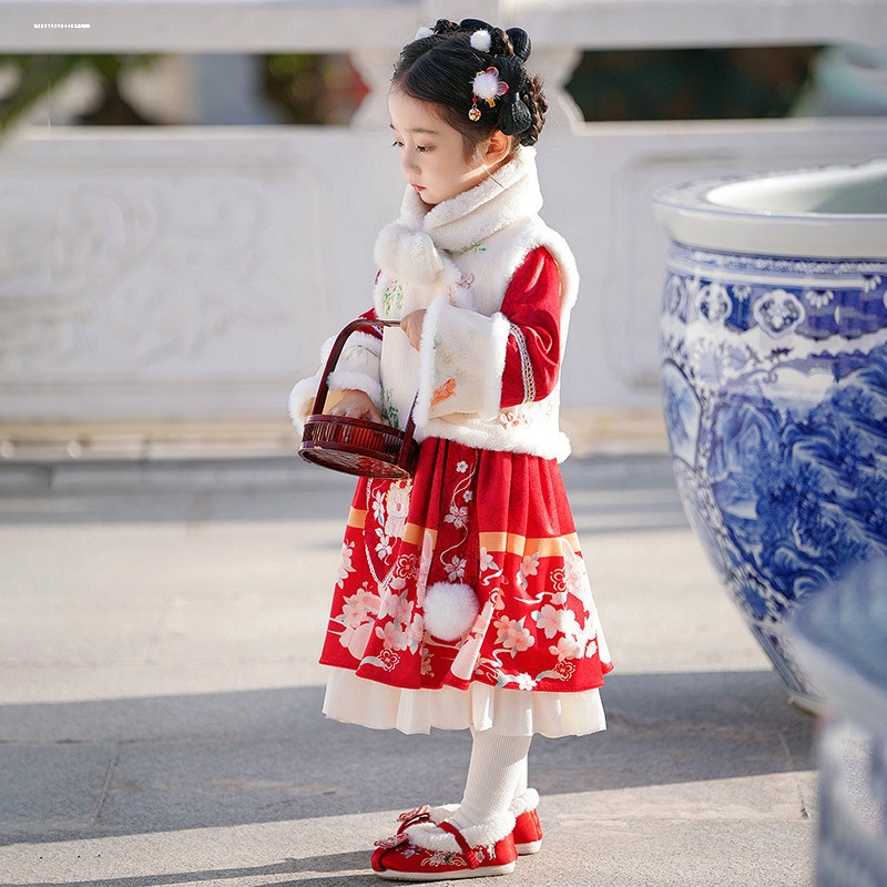 女童汉服红色拜年服秋冬款加绒中国风儿童古装唐装新年喜庆马面裙