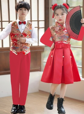 红色女童旗袍国朝中国风儿童礼服唐装演出服公主裙拜年服长袖秋冬