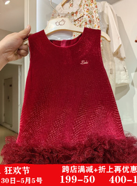 专柜同款拉比女童背心裙2023冬季宝宝唐装红色简约时尚柔软加绒裙