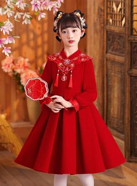 女童汉服冬季儿童唐装加绒中国风连衣裙宝宝红色拜年服礼服新年裙