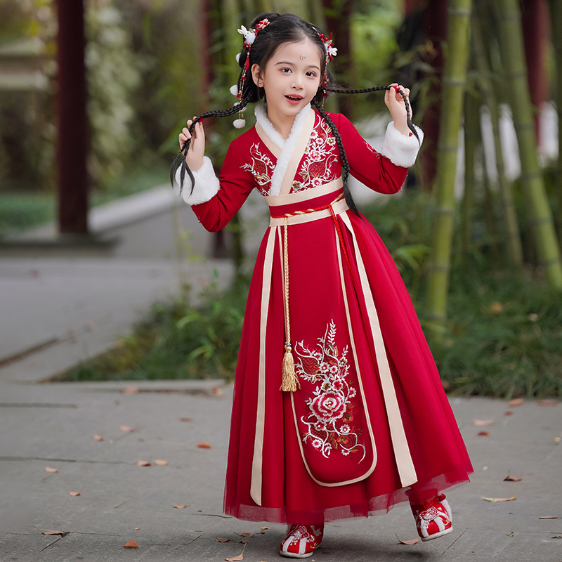 女童汉服中国唐装披风斗篷秋冬古装拜过年新款加绒加厚女孩连衣裙