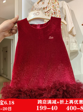 专柜同款拉比女童背心裙2023冬季宝宝唐装红色简约时尚柔软加绒裙