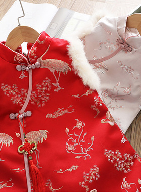 汉服女童冬装夹棉加厚红色中国风旗袍裙儿童唐装马甲拜年服宝宝
