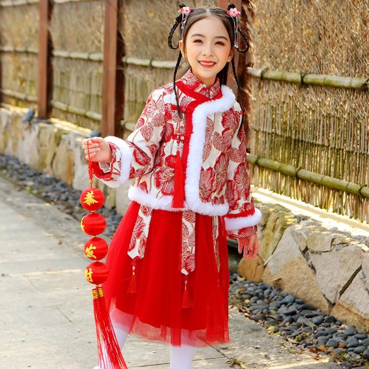 中国风汉服唐装女童秋冬拜年服新年装女儿童古装超仙加绒加厚冬裙