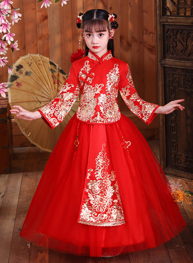 中国风旗袍汉服拜年服春秋冬古装唐装女童裙子红色礼服过年新年装