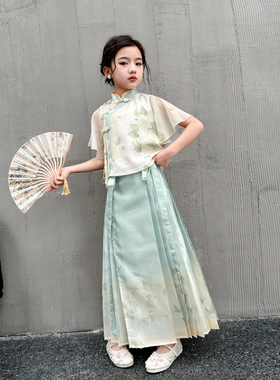 女童马面裙套装中国风夏季薄款儿童古装雪纺汉服裙大童新中式唐装