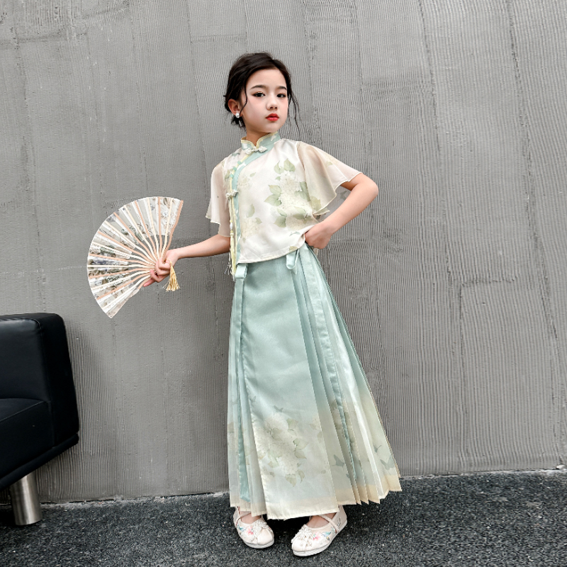 女童马面裙套装中国风夏季薄款儿童古装雪纺汉服裙大童新中式唐装