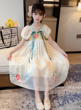女童汉服连衣裙夏季2024新款中大童洋气唐装裙子儿童中国风雪纺裙