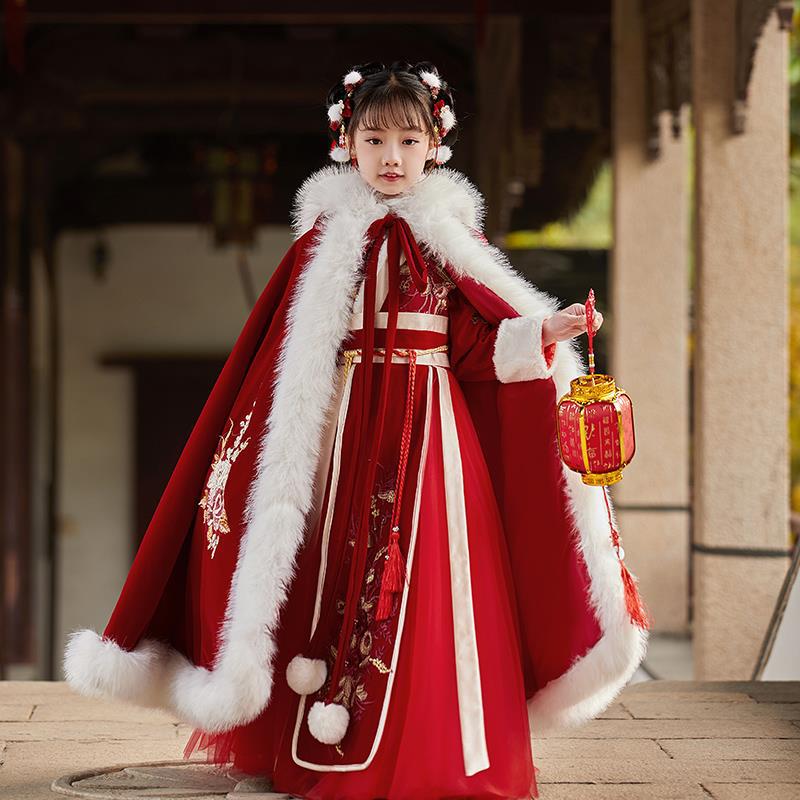 汉服女童冬季新年装唐装拜年服加厚儿童过年中国风襦裙花童古装潮