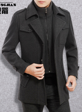2023秋冬季新款男装羊毛呢夹克中年男士尼子外套厚中长款休闲上衣