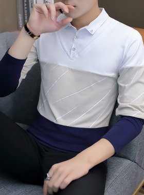 秋冬季长袖T恤男韩版修身衬衫领假两件体恤青少年男装秋衣上衣潮