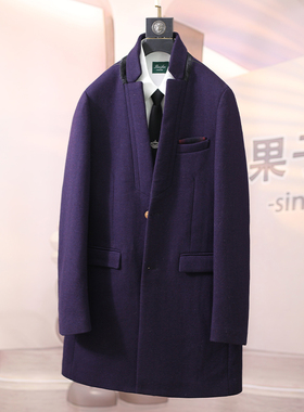 秋冬立领羊毛呢子外套紫色大衣商务修身中长款夹棉厚实男上衣D36