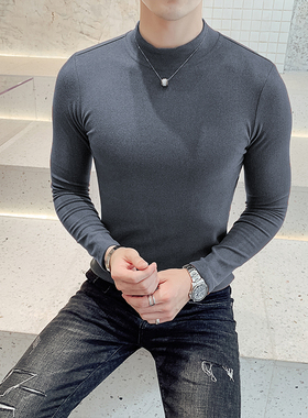 秋冬季双面绒半高领长袖t恤韩版修身纯色中领体恤上衣男士打底衫