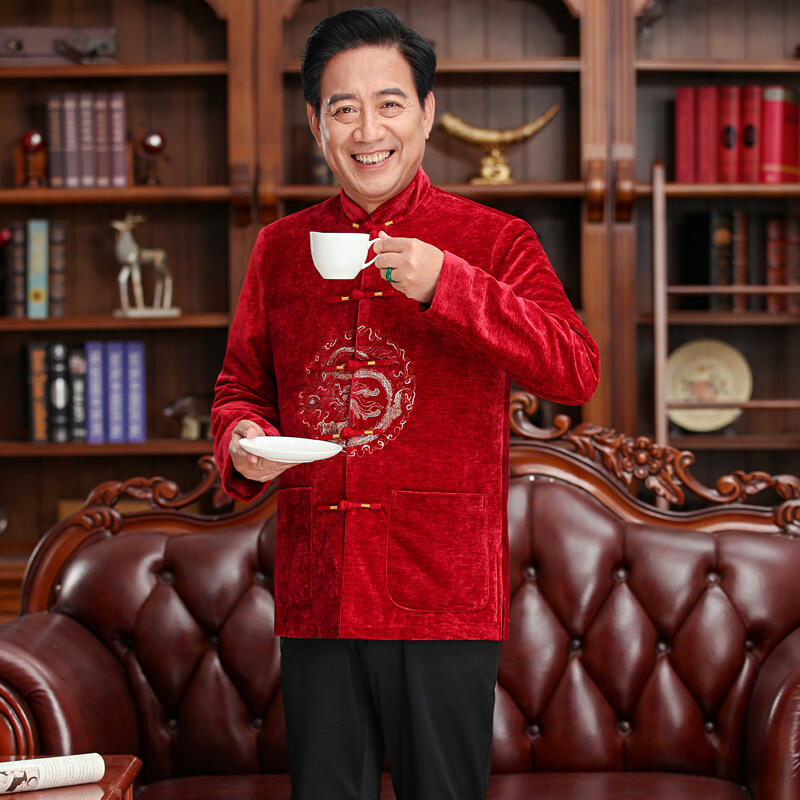 2021秋冬新款唐装男装中国风立领红色长袖生日宴活动爸爸上衣