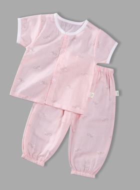 夏季婴儿短袖空调服套装1-3岁宝宝纯棉纱布半袖长裤2件套居家薄款