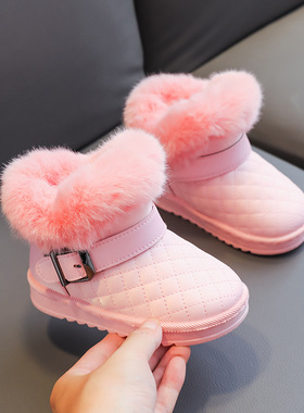 儿童超厚雪地靴2024冬季新款防水防滑小宝宝靴子皮面女童冬靴加绒