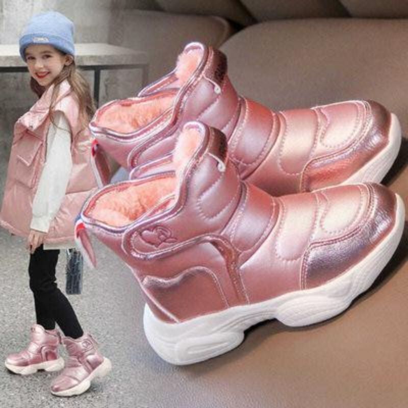 女童雪地靴2022新款冬季加绒加厚棉靴中大童防水皮面靴子儿童棉鞋